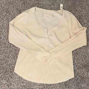 aerie Light Cream Ribbed Henley Long Sleeve Top
